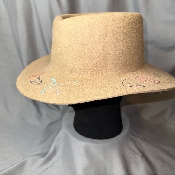 Wide Brim Hat Womens Tan Wool Embroidered Floral Country Cowgirl Y2K Boho Rodeo - Picture 4 of 9